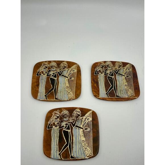 Vintage 3 Pc Set of Egyptian Goddess Leather Coasters - Picture 2 of 5